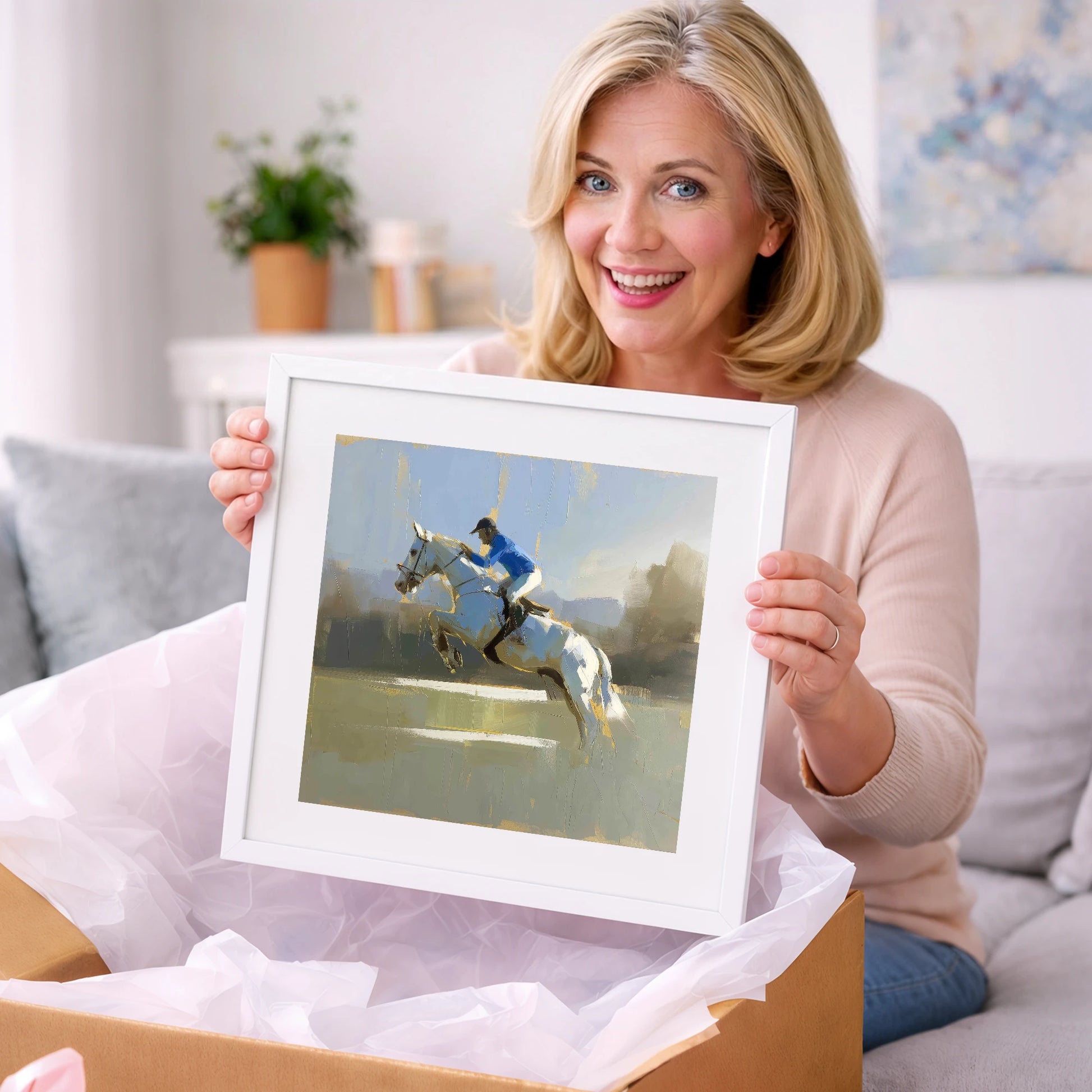 Flight in Blue - show jumping horse art gift idea for horse lovers