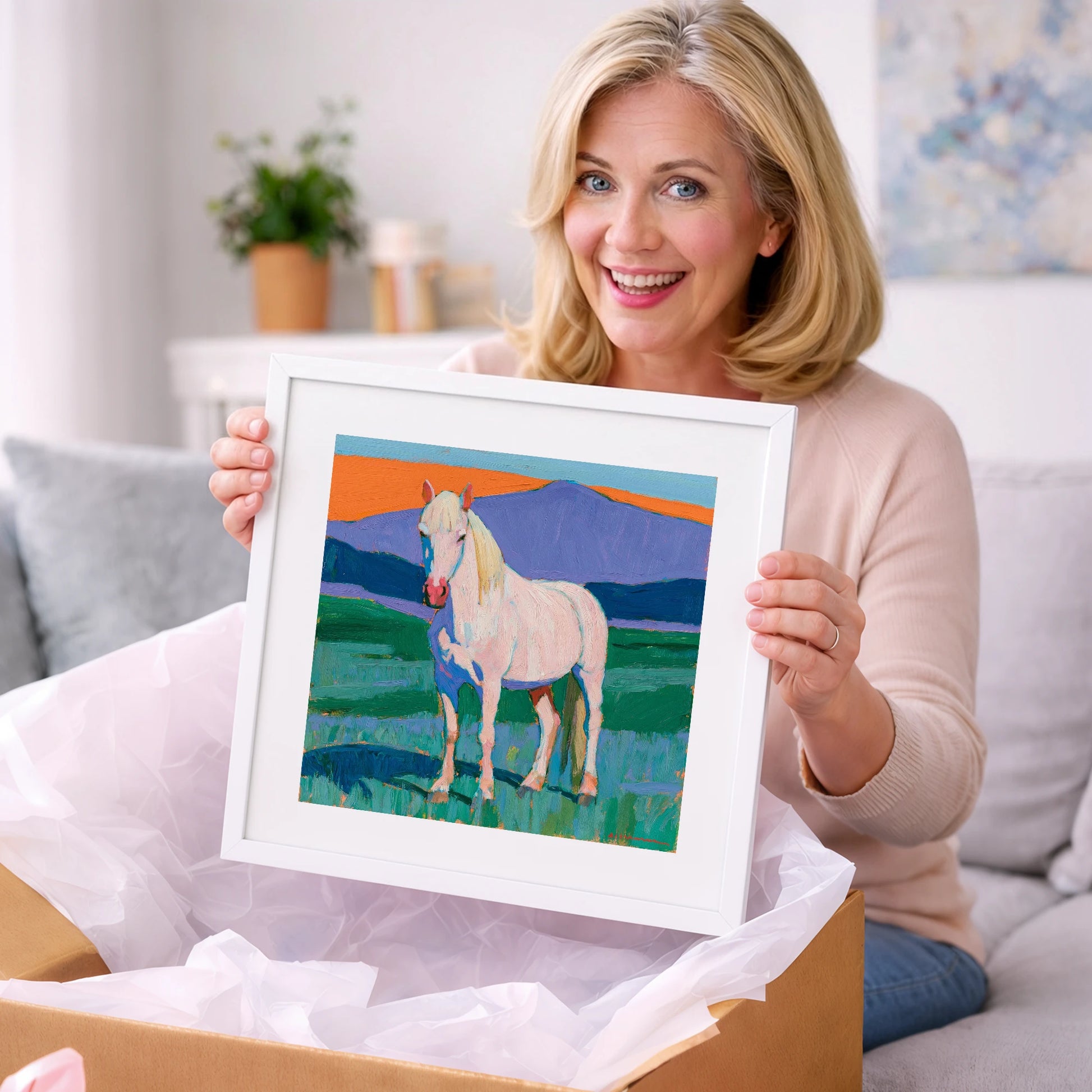 Grey Horse in Colourful Landscape - horse breed art gift idea for horse lovers