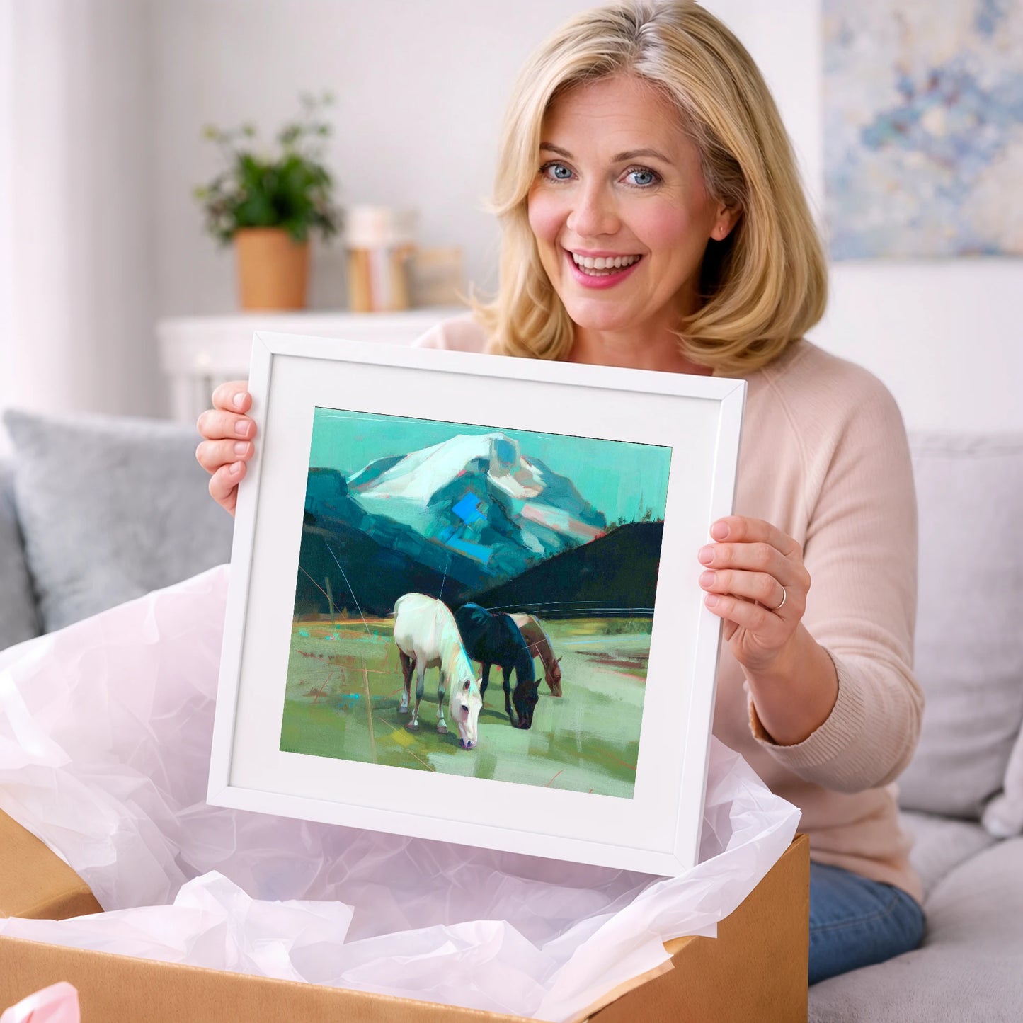 Teal Mountain Pasture - horse landscape art gift idea for horse lovers