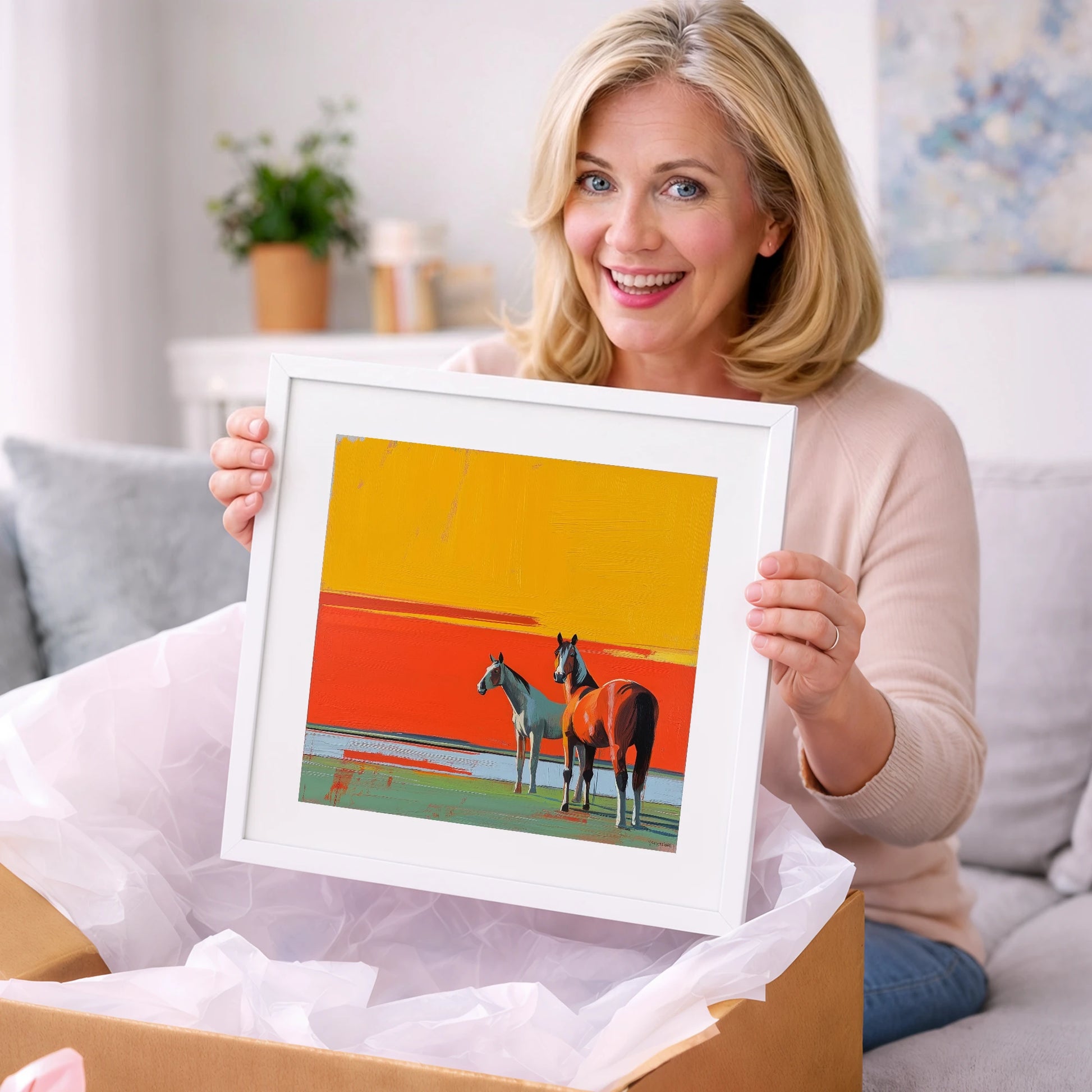 Golden Horizon Companions - horse landscape art gift idea for horse lovers