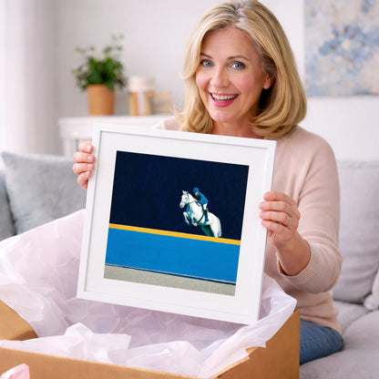 Airborne Over Azure - show jumping horse art gift idea for horse lovers