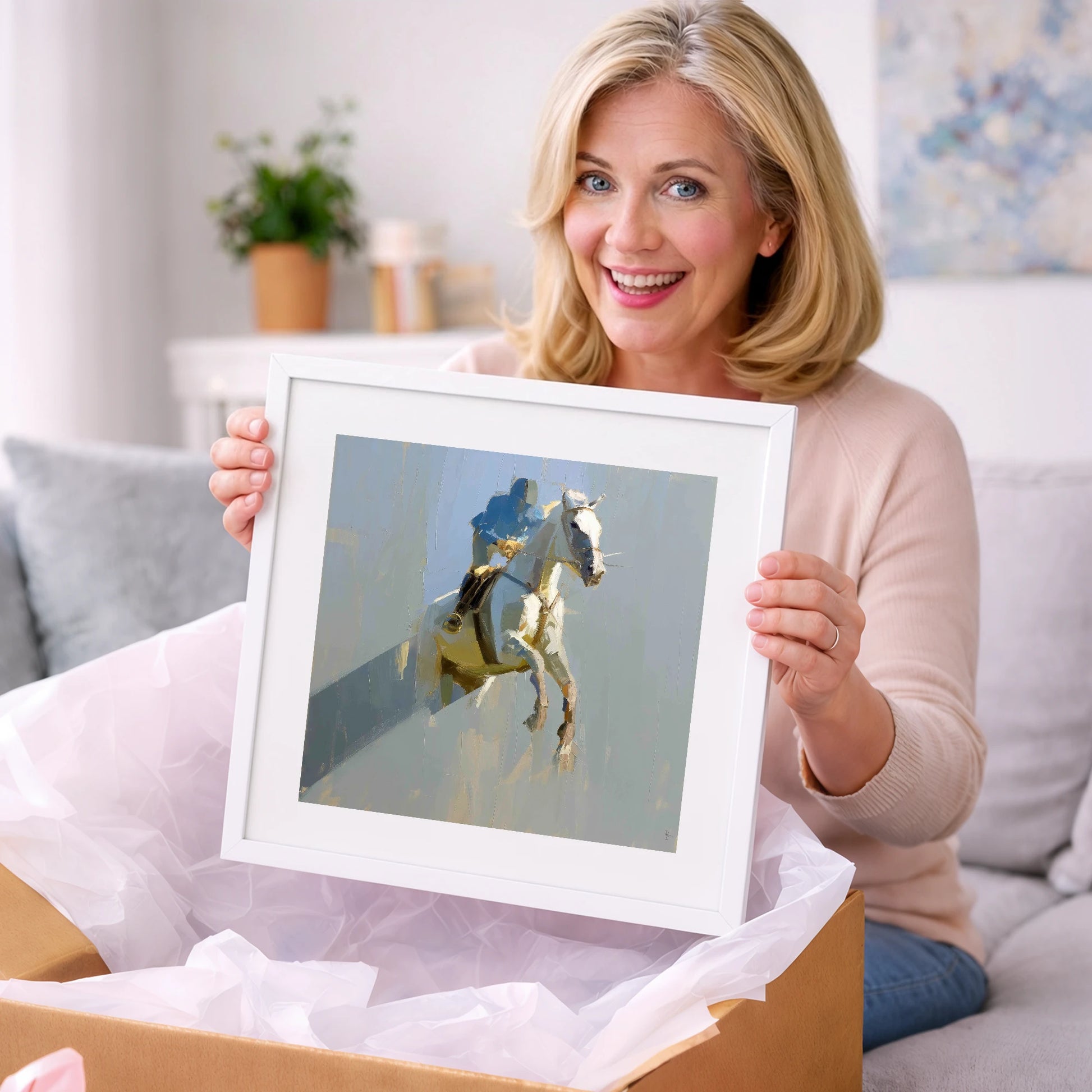 Suspended in Blue - show jumping horse art gift idea for horse lovers