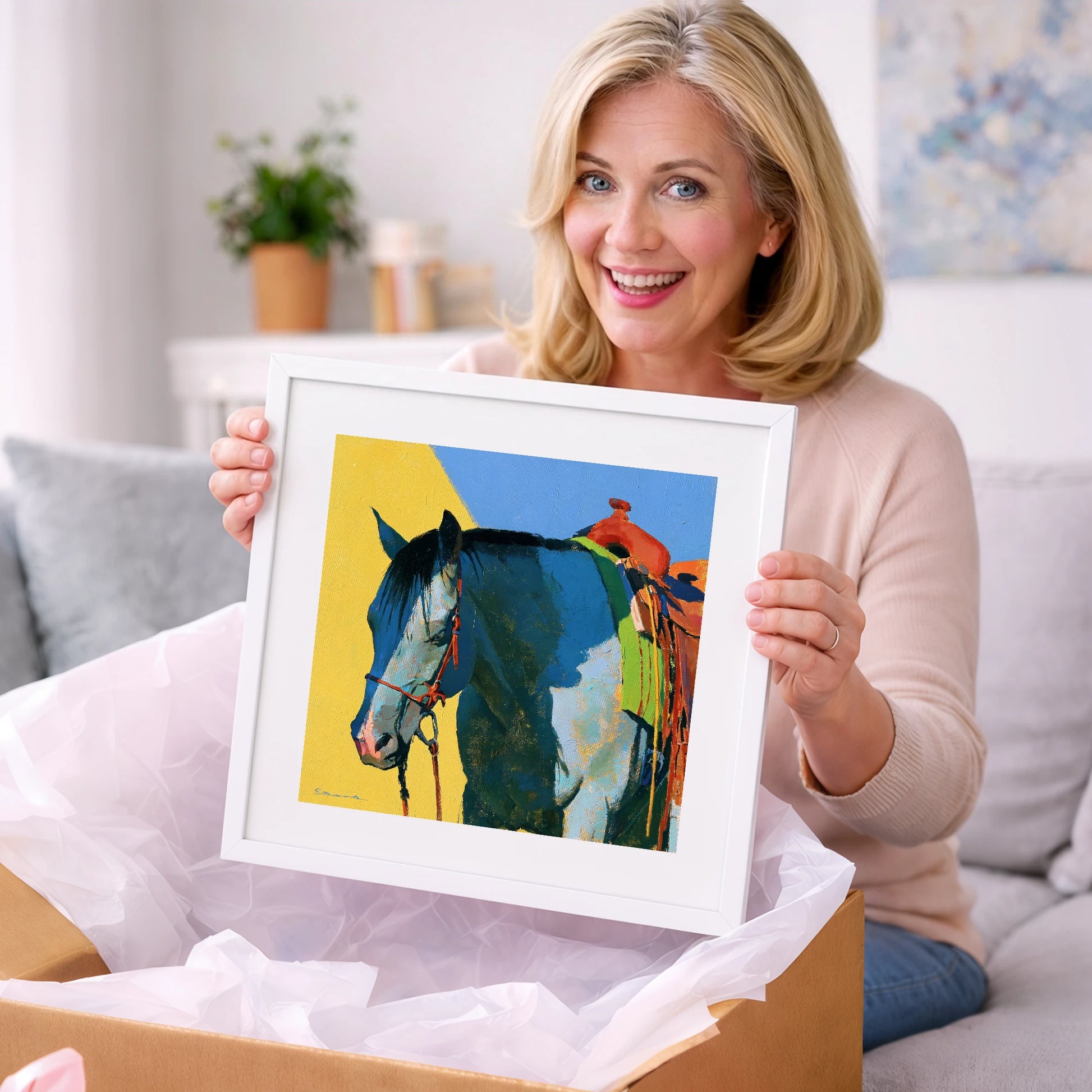 Western Horse in Blue and Yellow - horse breed art gift idea for horse lovers