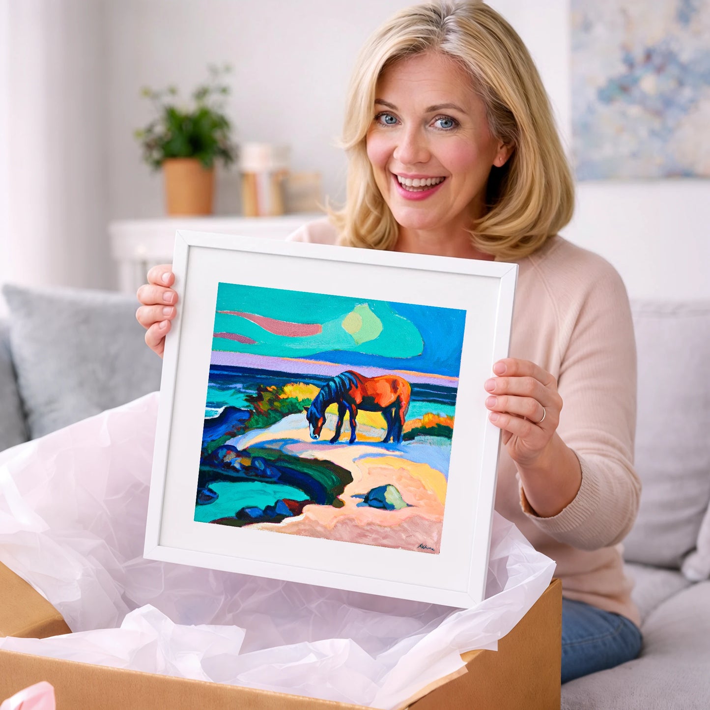 Vibrant Coastal Graze - horse landscape art gift idea for horse lovers