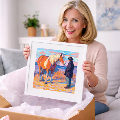 Golden Hour Harmony - horse & rider art gift idea for horse lovers