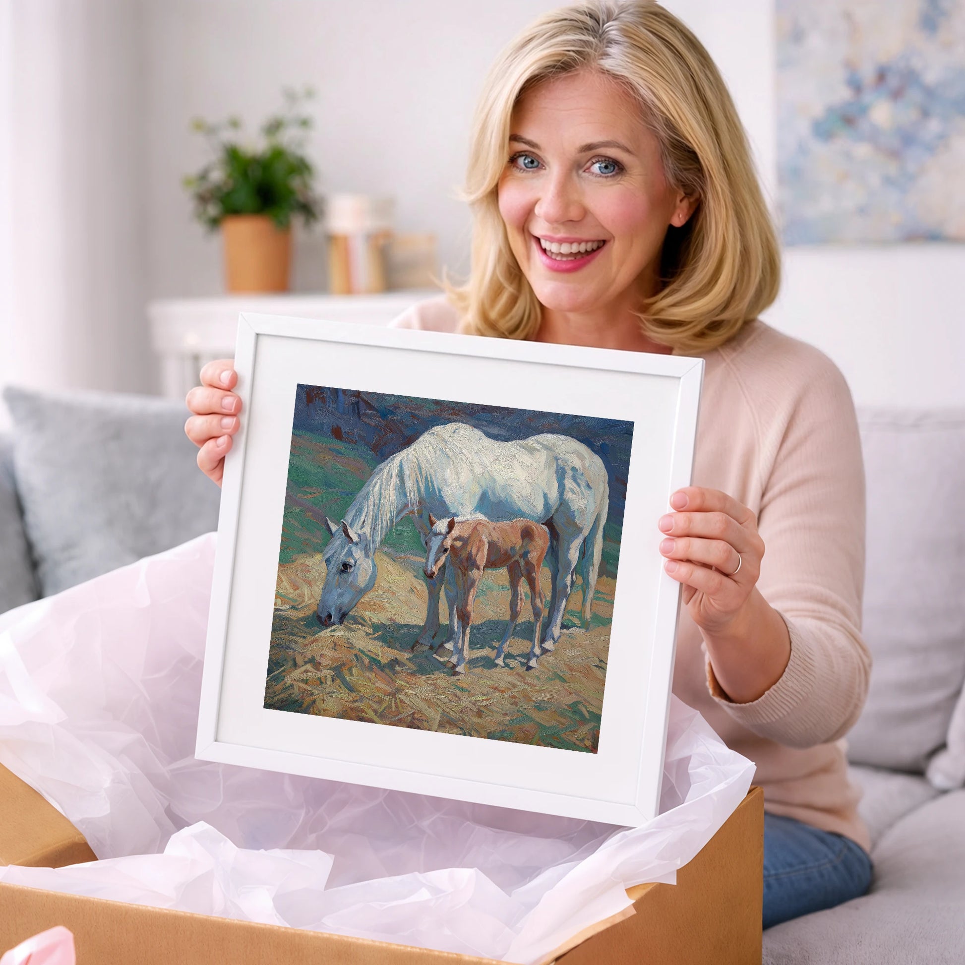 Sunlit Grey and Foal - mare & foal art gift idea for horse lovers