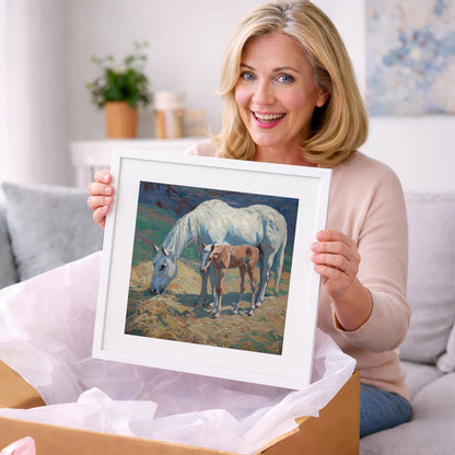 Sunlit Grey and Foal - mare & foal art gift idea for horse lovers