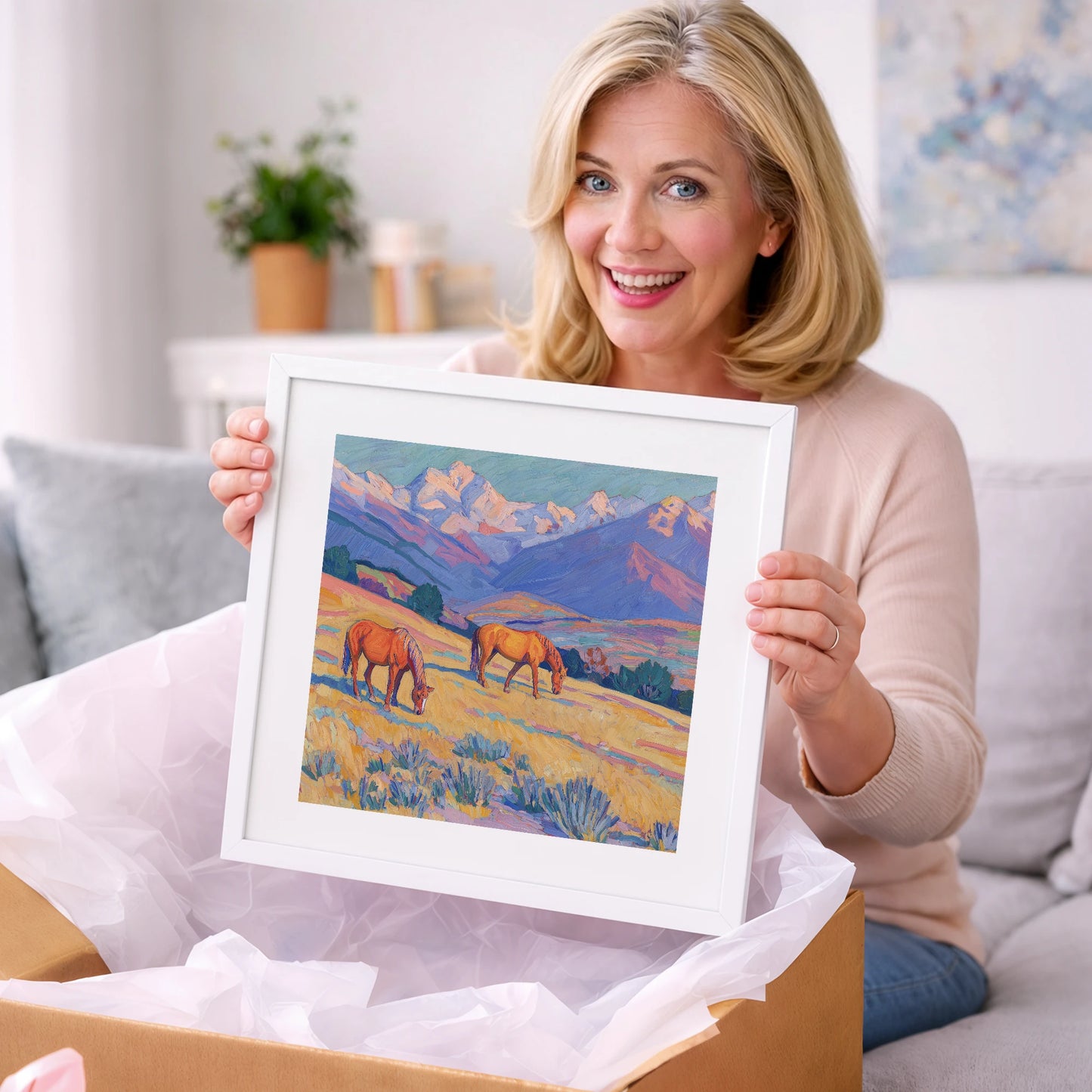 Grazing Beneath Violet Peaks - horse landscape art gift idea for horse lovers
