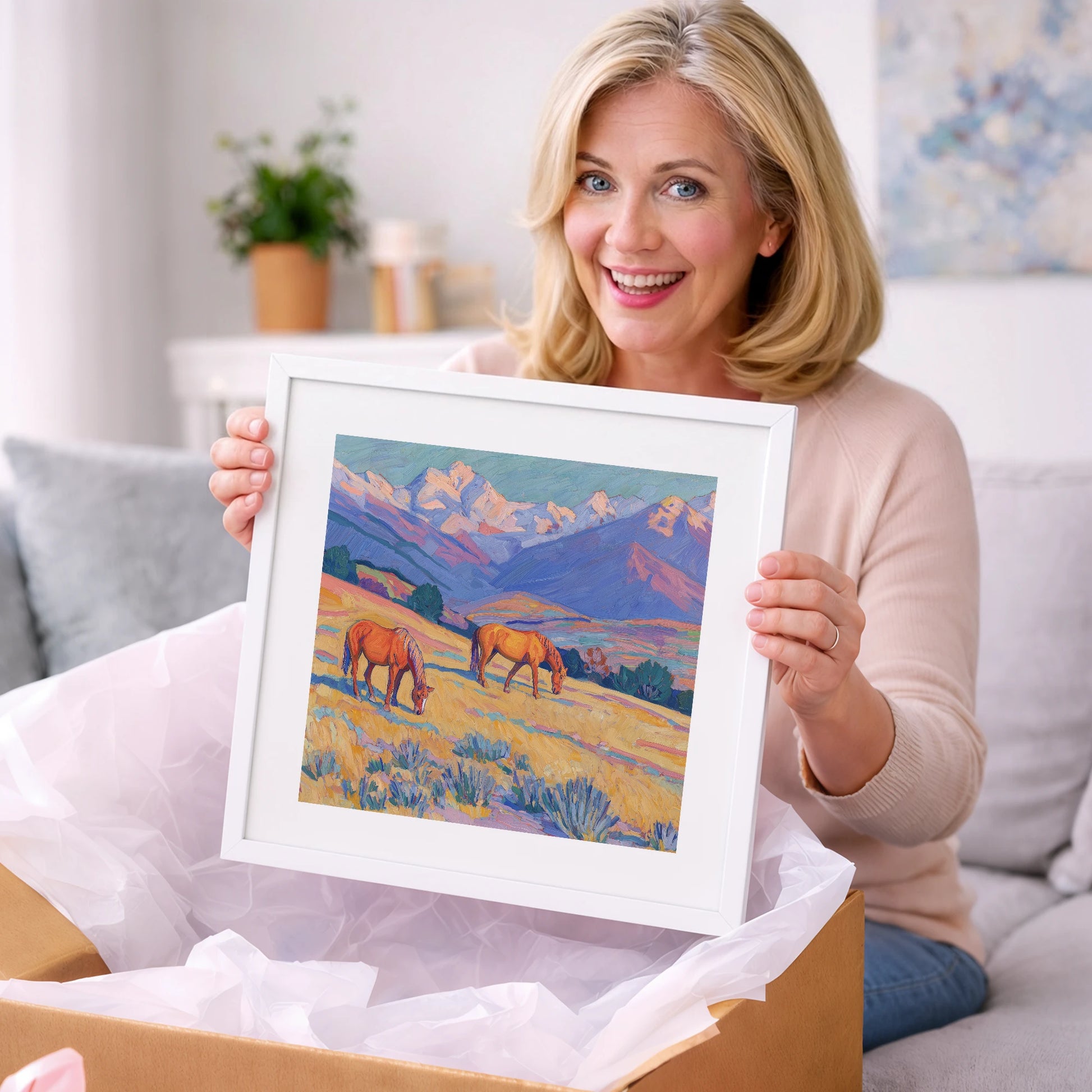 Grazing Beneath Violet Peaks - horse landscape art gift idea for horse lovers