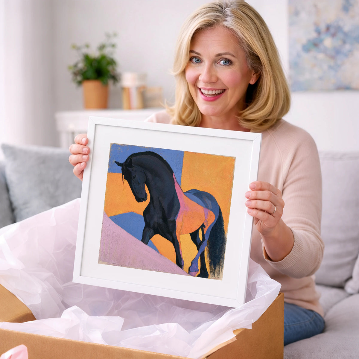 Black Stallion on Bold Orange - horse breed art gift idea for horse lovers
