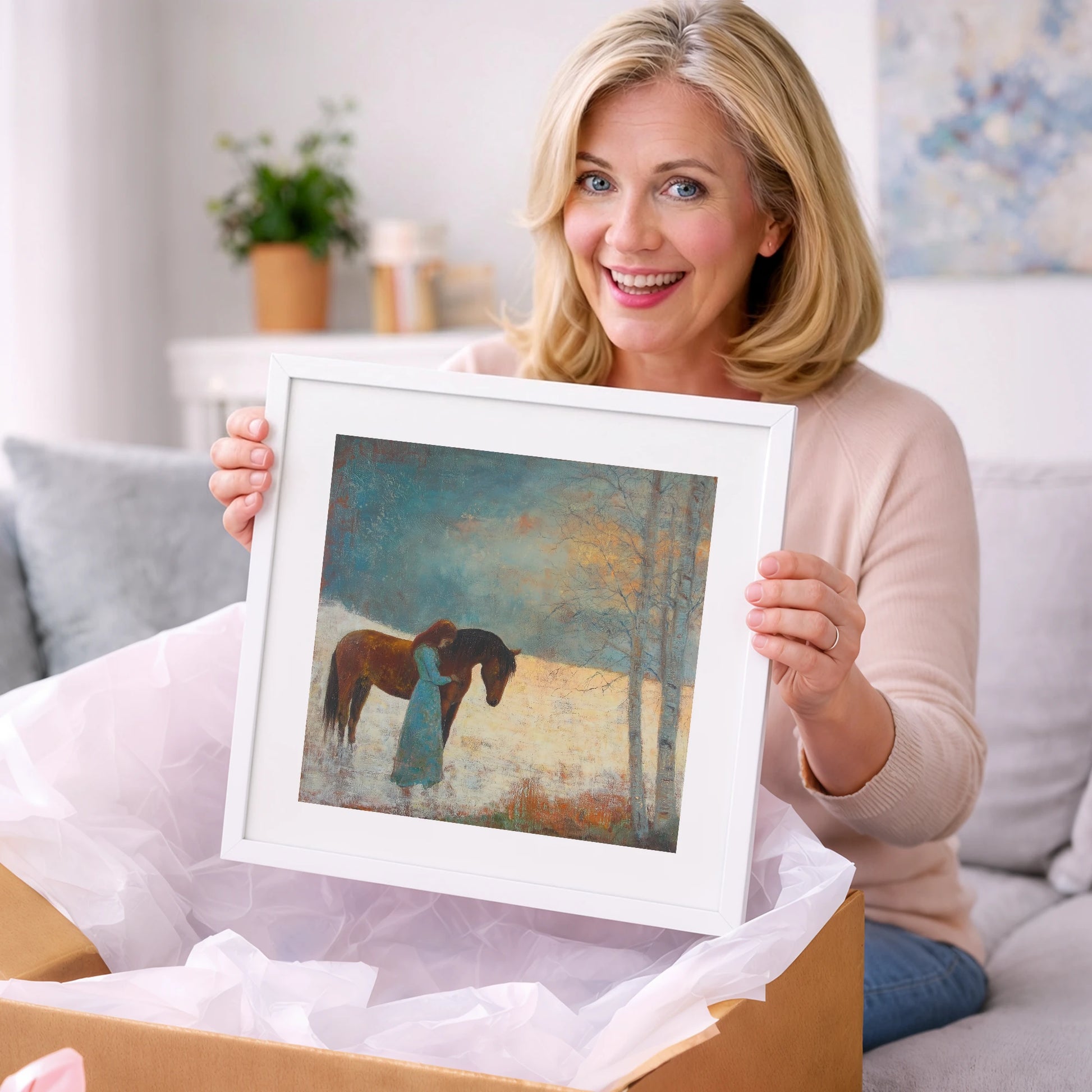Whispers In Winter - horse & rider art gift idea for horse lovers