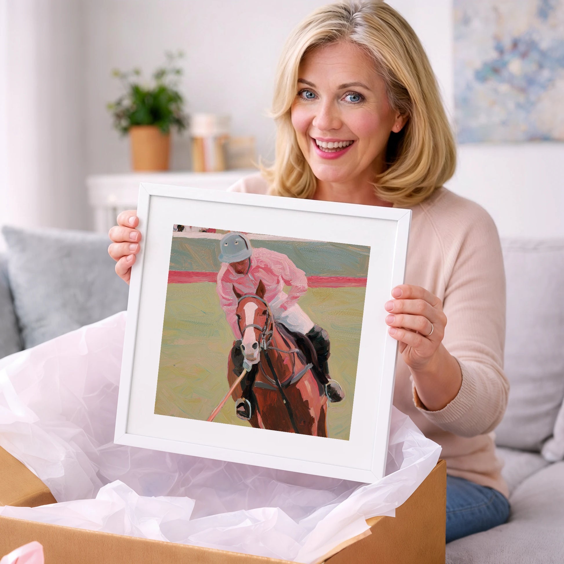 Dusty Pink Pursuit - polo horse art gift idea for horse lovers