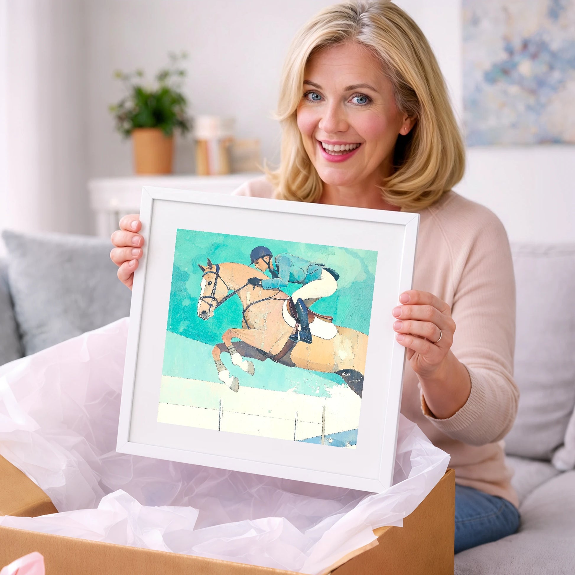 Aquamarine Flight - show jumping horse art gift idea for horse lovers