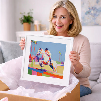 Technicolour Takeoff - show jumping horse art gift idea for horse lovers