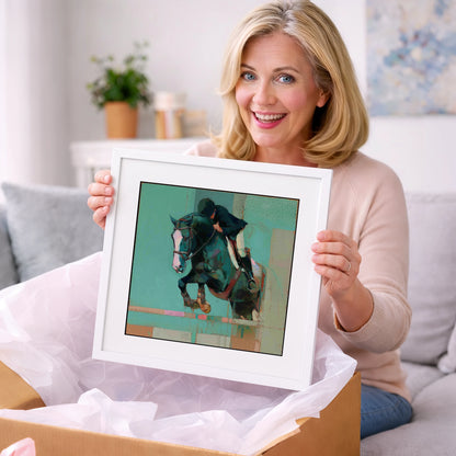 Suspended in Teal - show jumping horse art gift idea for horse lovers