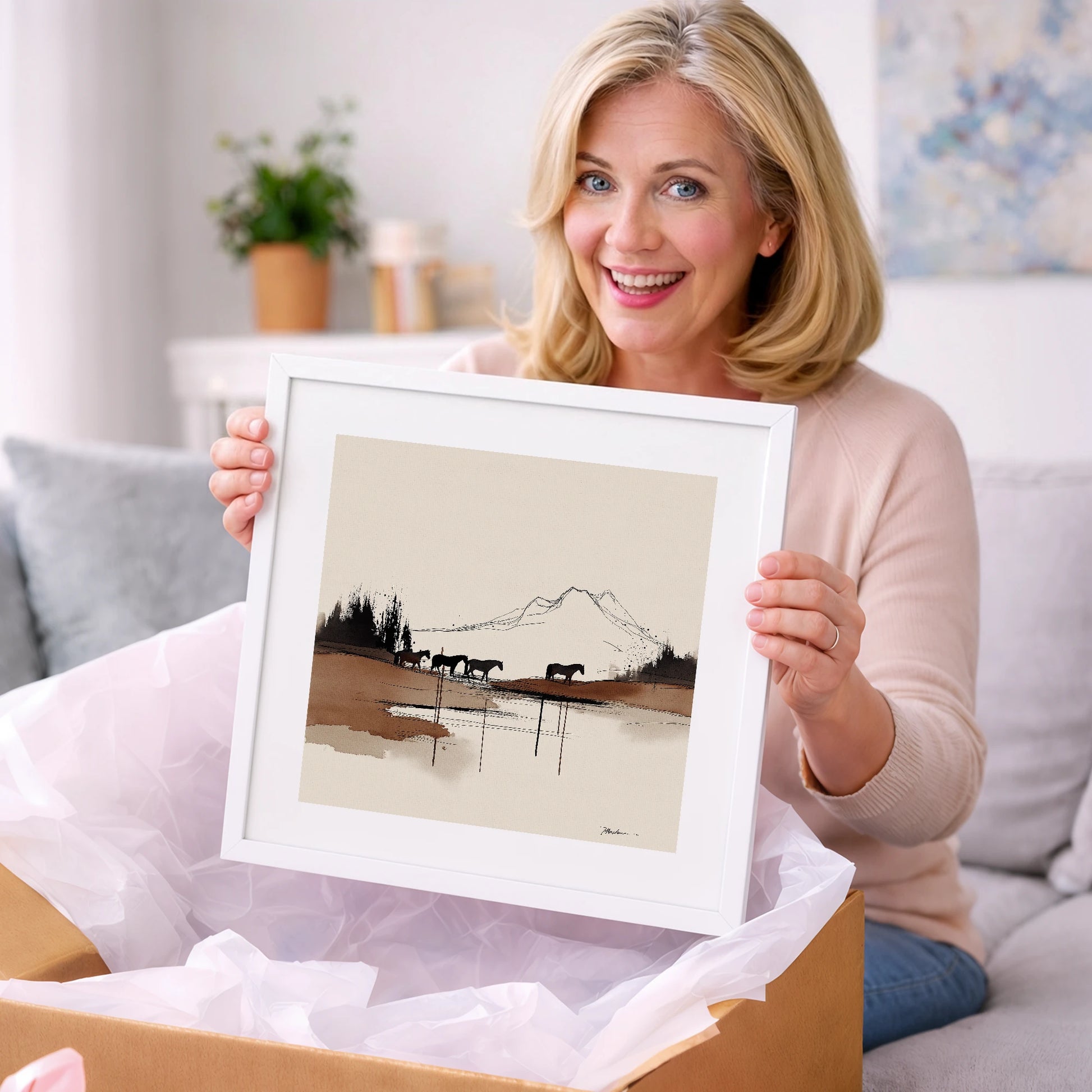 Mountain Pasture Silhouettes - horse landscape art gift idea for horse lovers