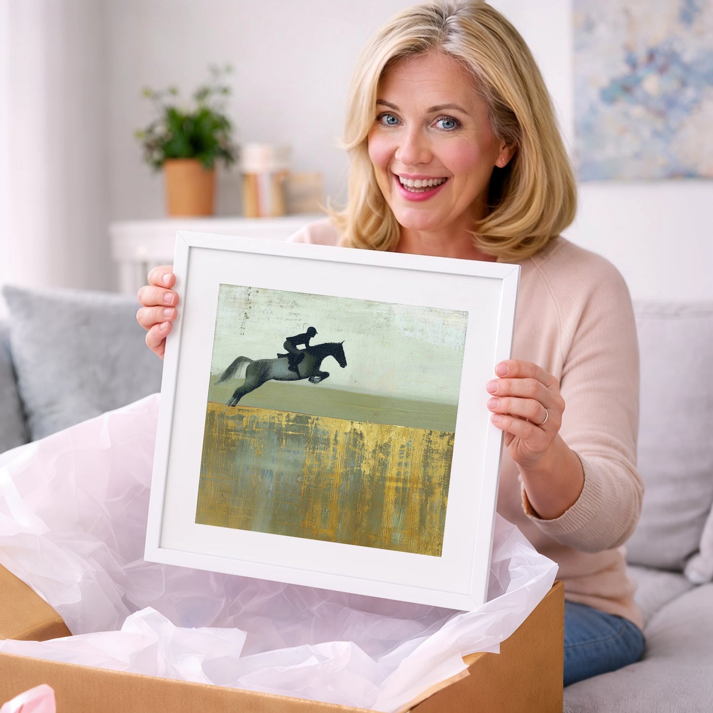 Golden Momentum - show jumping horse art gift idea for horse lovers