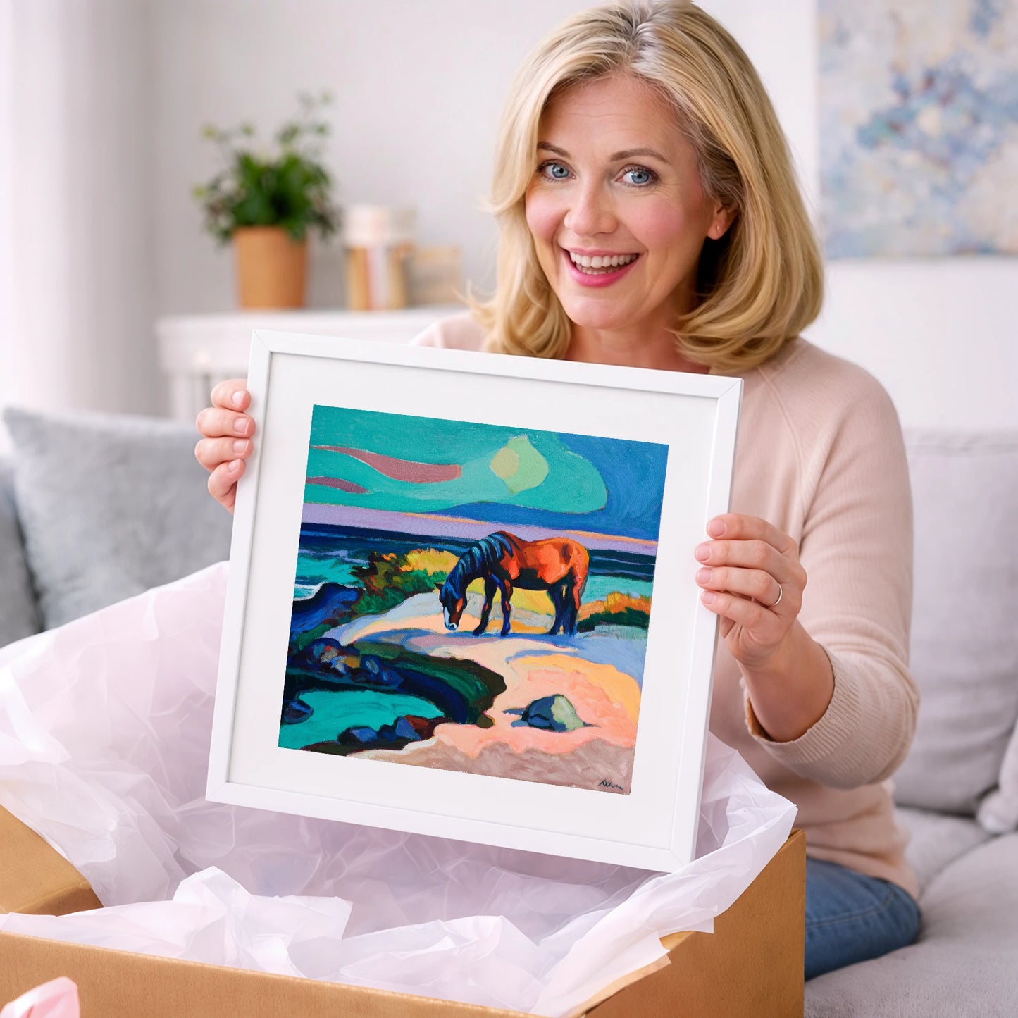 Vibrant Coastal Graze - horse landscape art gift idea for horse lovers