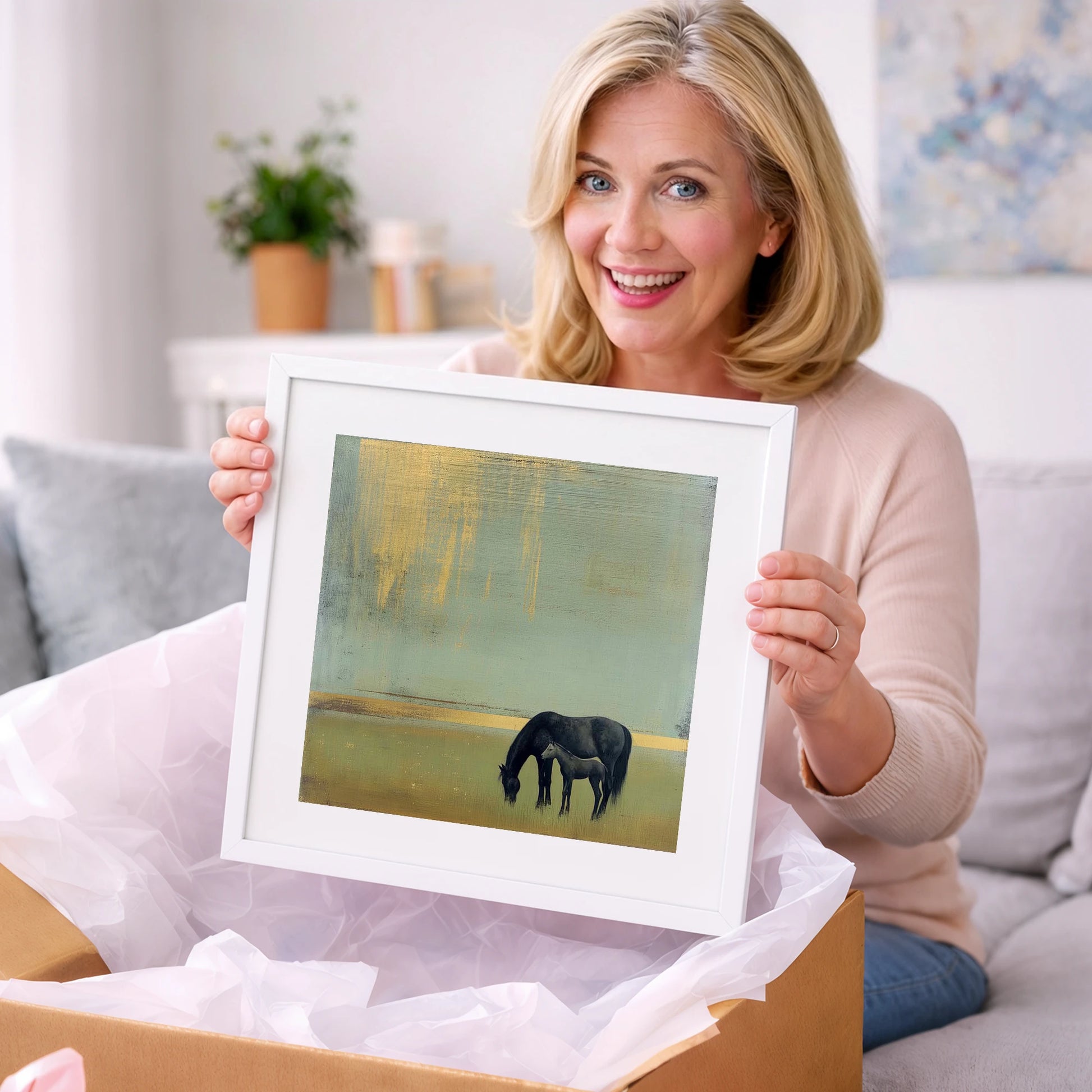 Gilded Serenity - mare & foal art gift idea for horse lovers