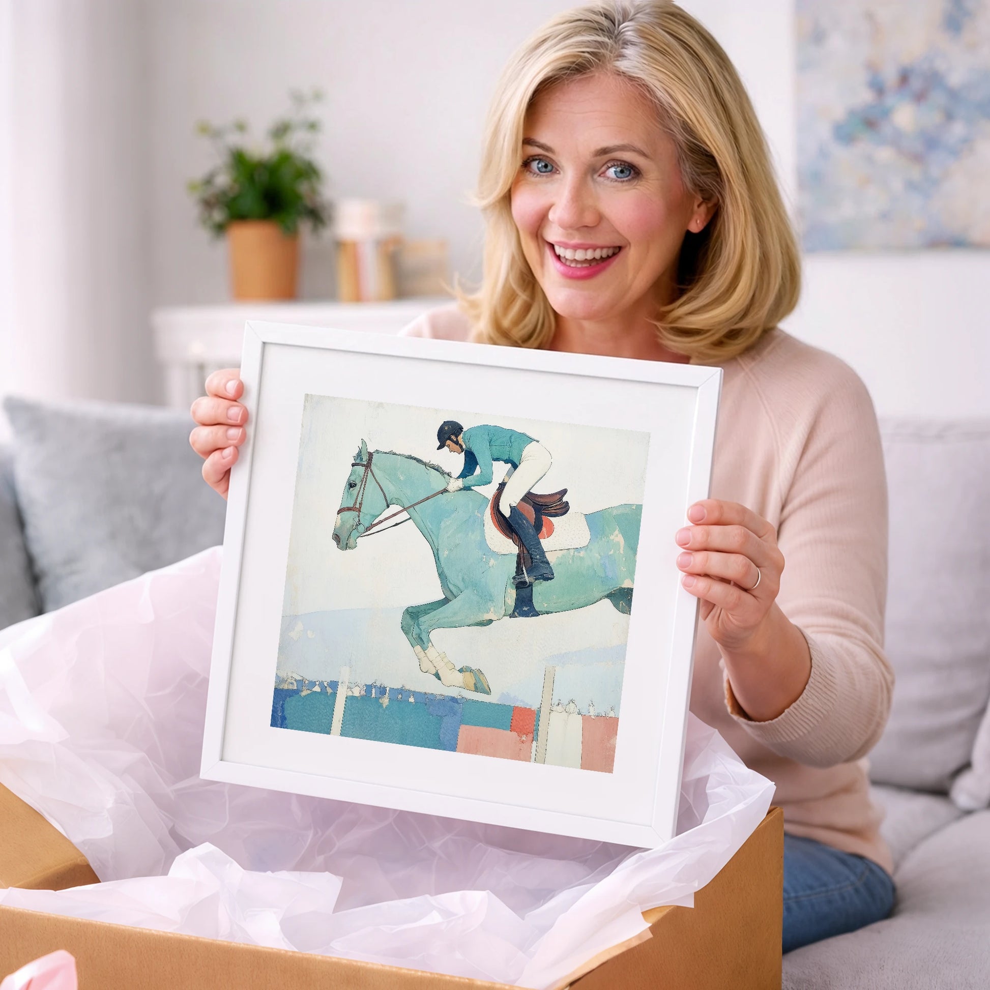 Aquamarine Ascent - show jumping horse art gift idea for horse lovers
