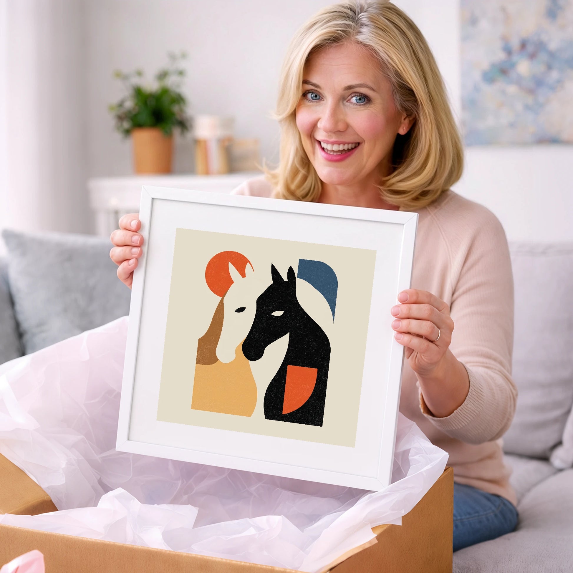 Modernist Equine Embrace - horse portrait art gift idea for horse lovers