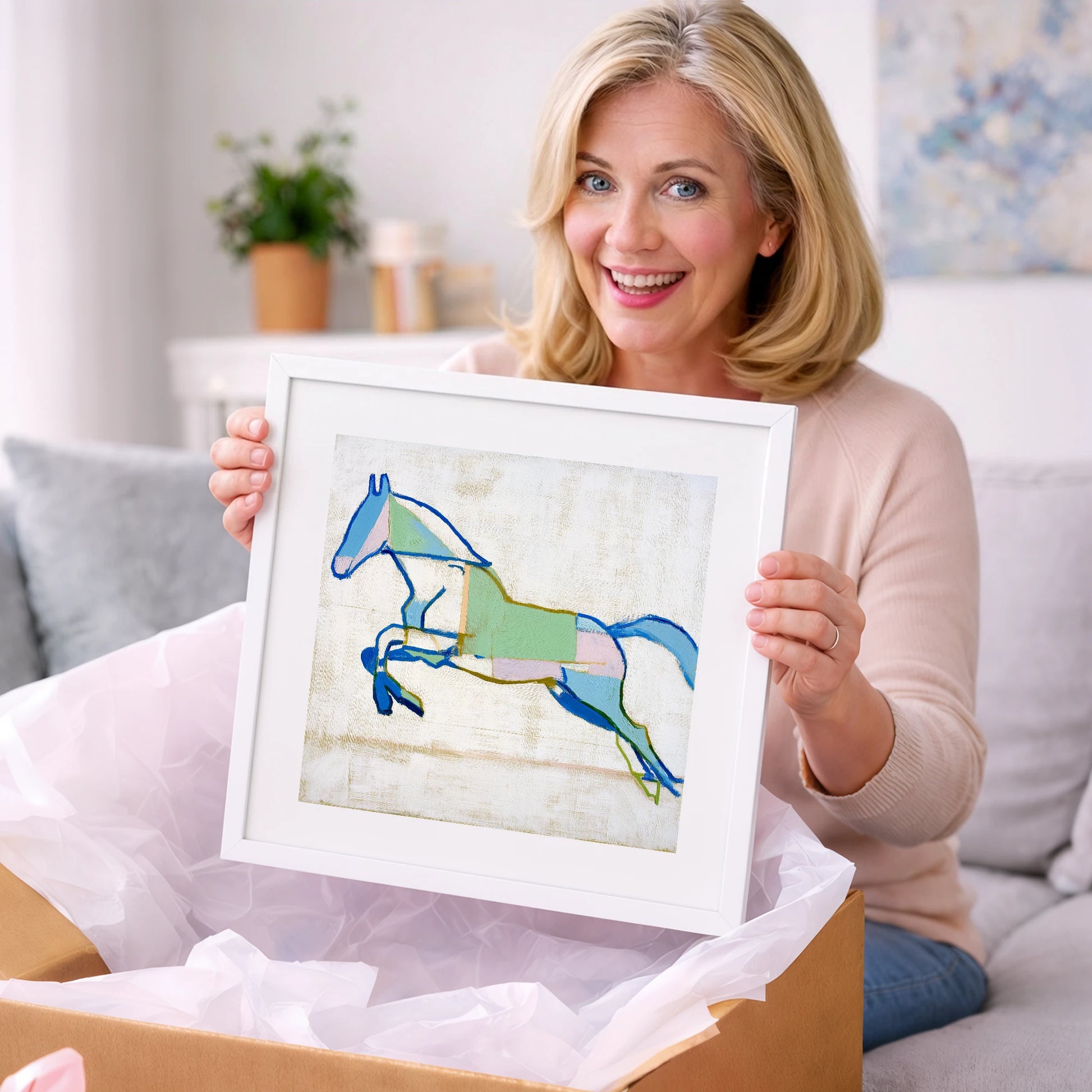 Geometric Azure Leap - show jumping horse art gift idea for horse lovers