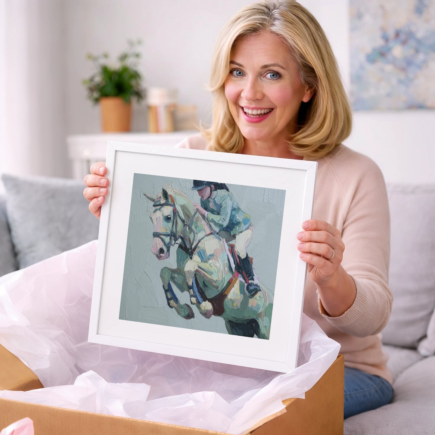 Pastel Flight Mid-Air - show jumping horse art gift idea for horse lovers