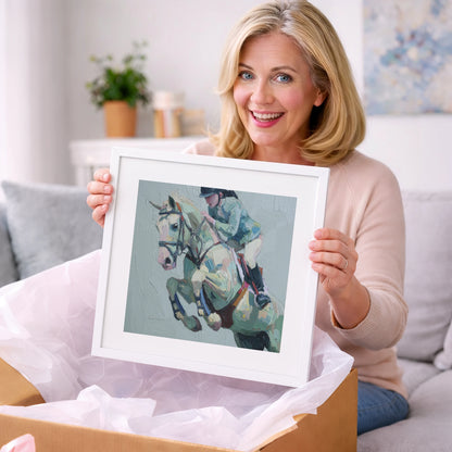 Pastel Flight Mid-Air - show jumping horse art gift idea for horse lovers