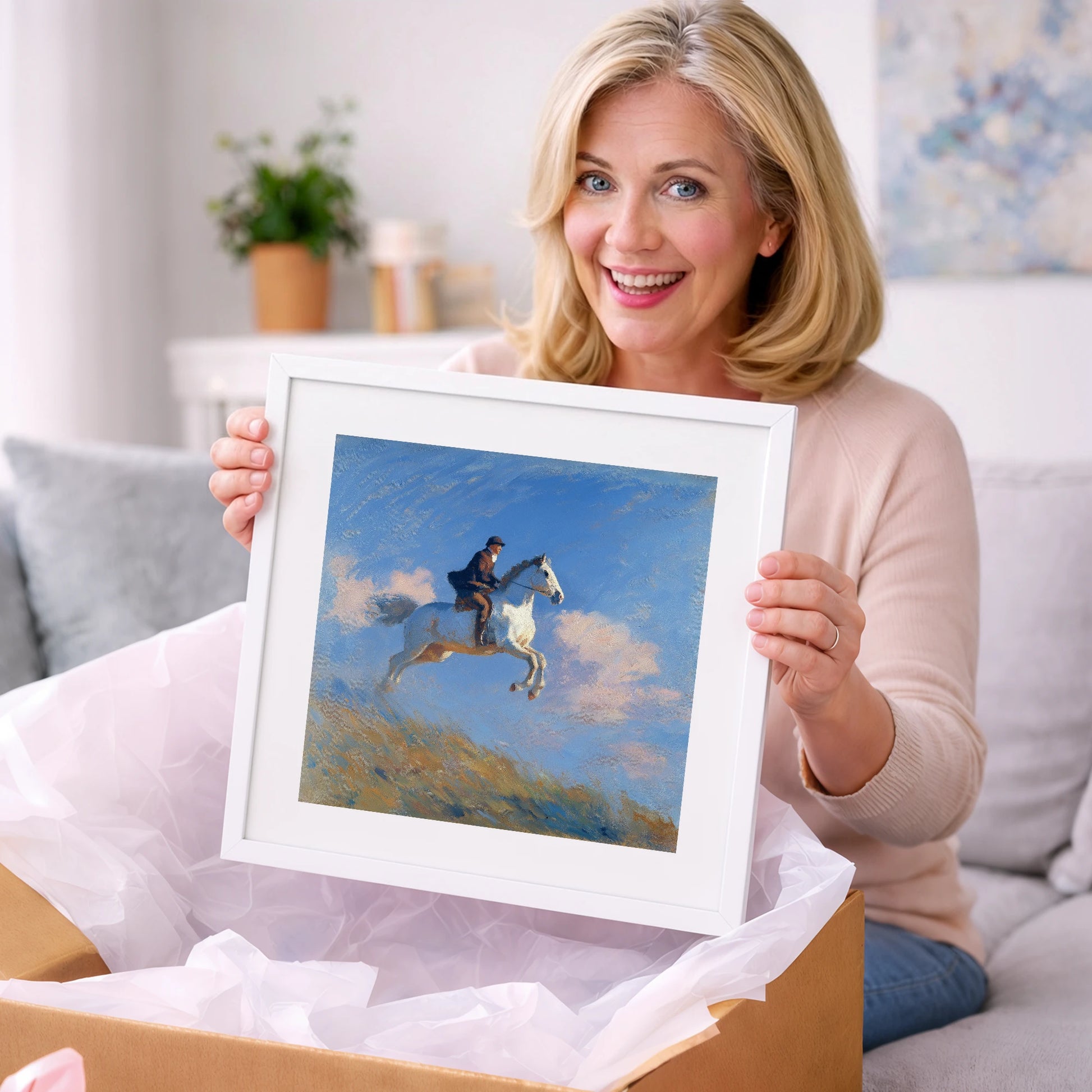 Airborne Against Blue - show jumping horse art gift idea for horse lovers