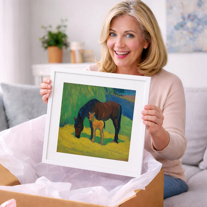 Vivid Grazing Companions - mare & foal art gift idea for horse lovers