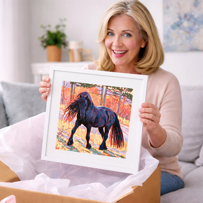 Vibrant Friesian in Sunset Woodland - horse breed art gift idea for horse lovers