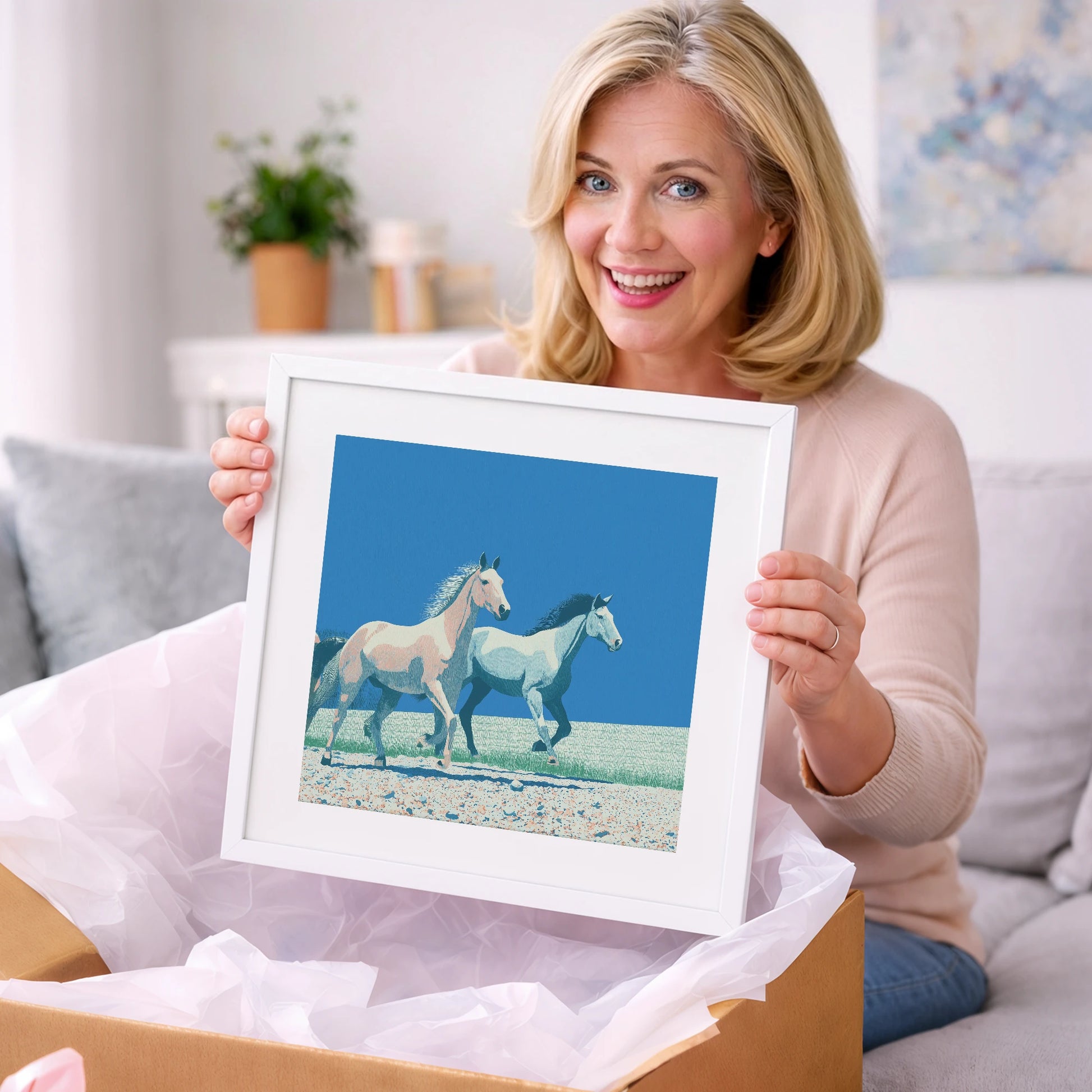 Azure Horizon Strides - wild horses art gift idea for horse lovers