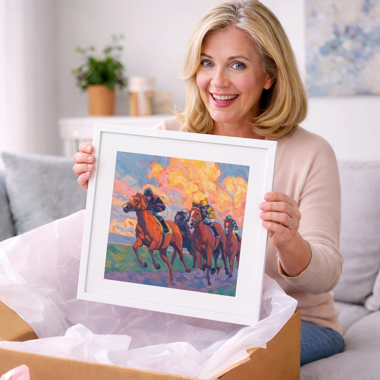 Thundering Sunset - racing horse art gift idea for horse lovers
