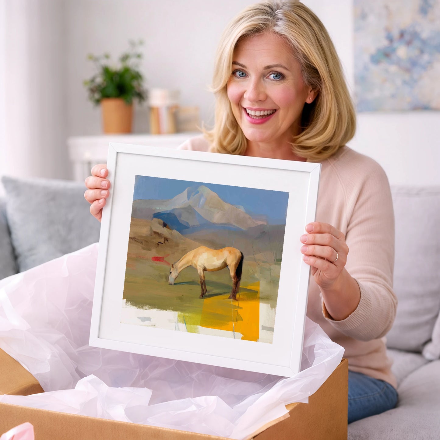 Golden Mountain Pasture - horse landscape art gift idea for horse lovers