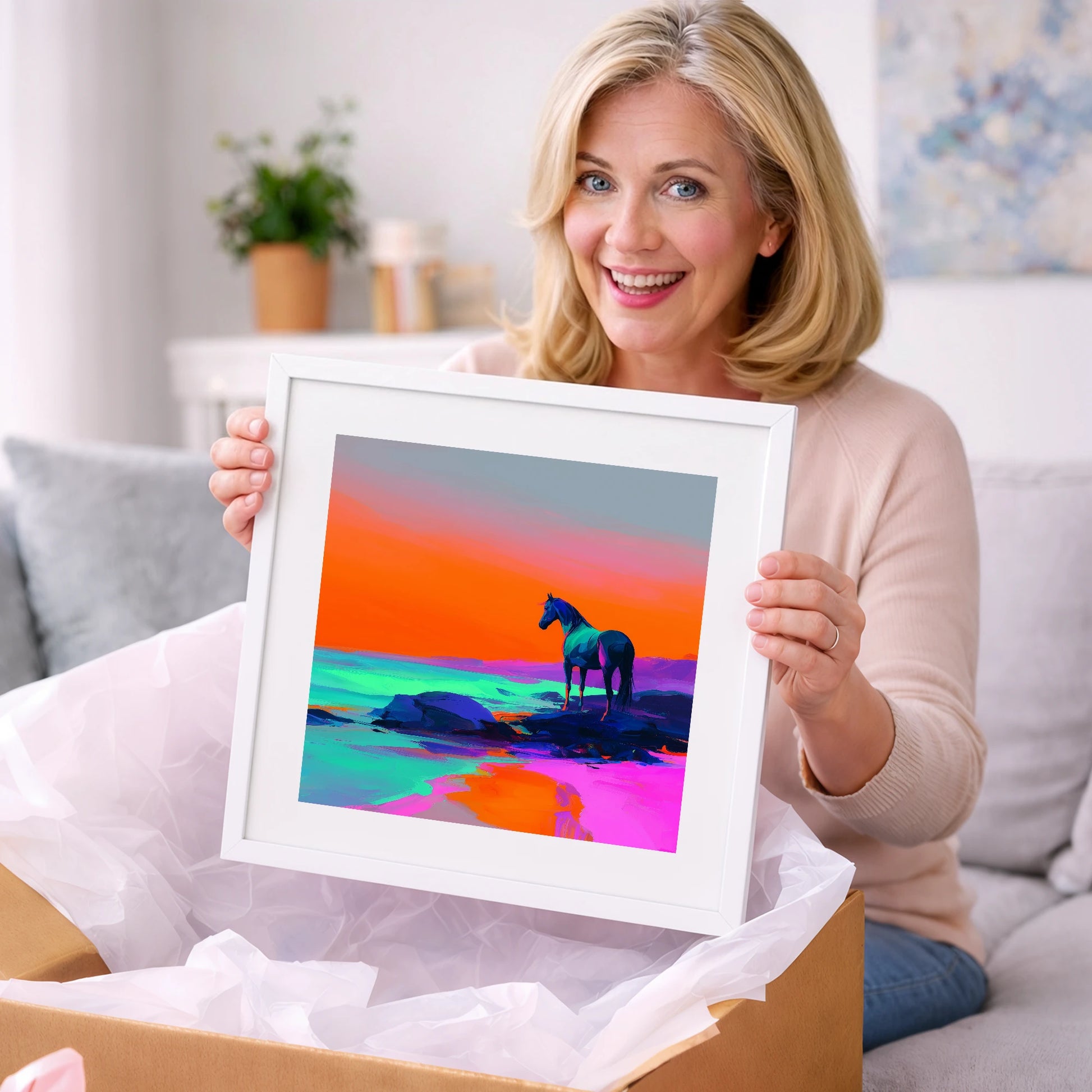 Neon Horizon Vigil - horse landscape art gift idea for horse lovers