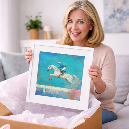 Flight in Turquoise - show jumping horse art gift idea for horse lovers