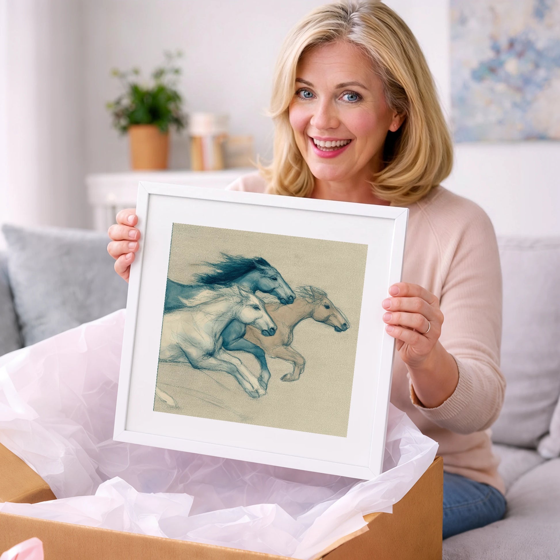 Azure Equine Trio - wild horses art gift idea for horse lovers