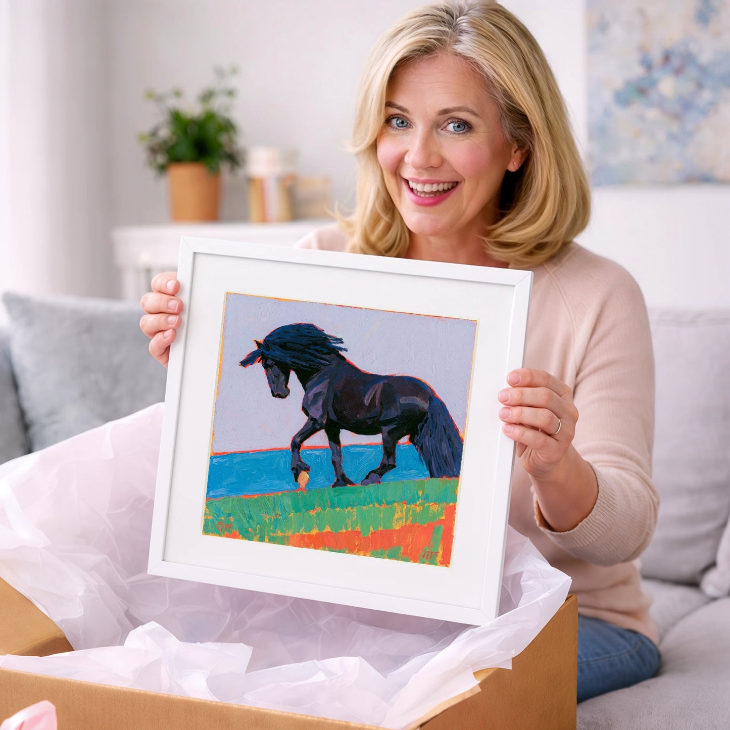 Black Friesian in Bold Landscape - horse breed art gift idea for horse lovers