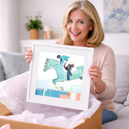Aquamarine Ascent - show jumping horse art gift idea for horse lovers