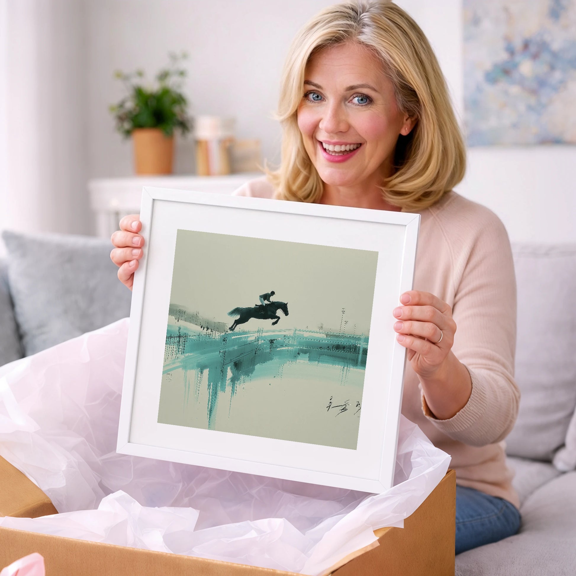 Airborne in Teal - show jumping horse art gift idea for horse lovers