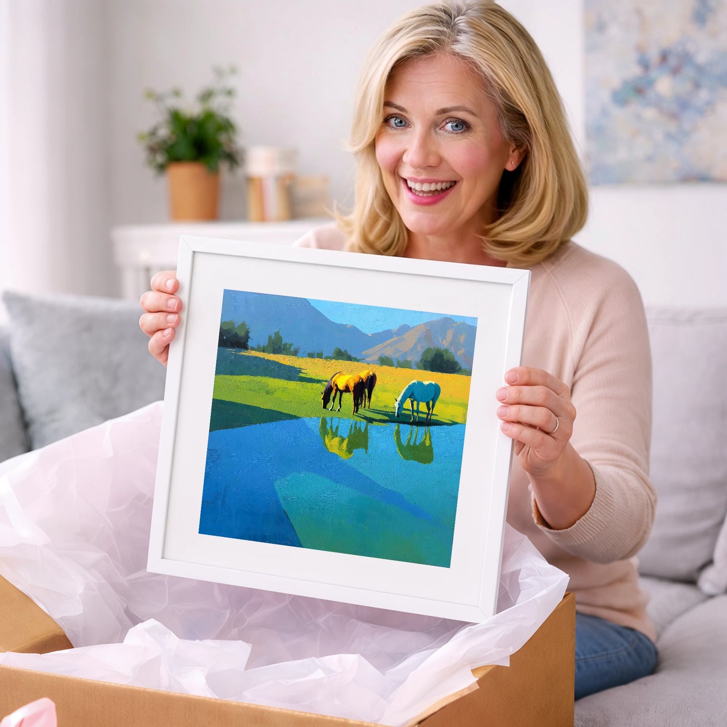 Sunlit Waterside Grazing - wild horses art gift idea for horse lovers