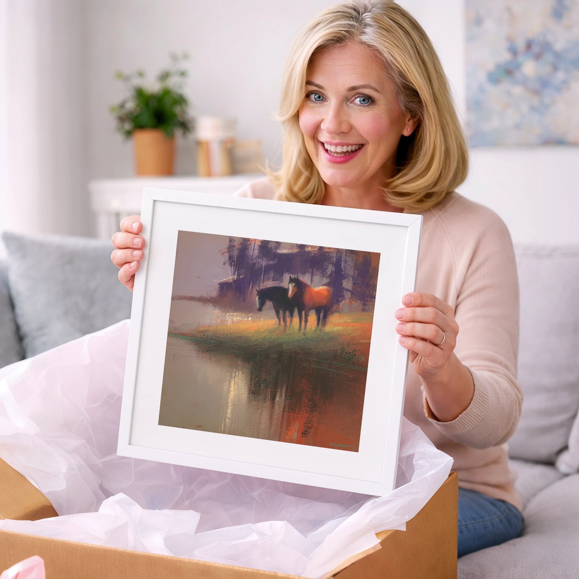 Waterside Reflections - wild horses art gift idea for horse lovers