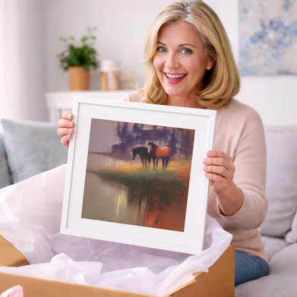 Waterside Reflections - wild horses art gift idea for horse lovers