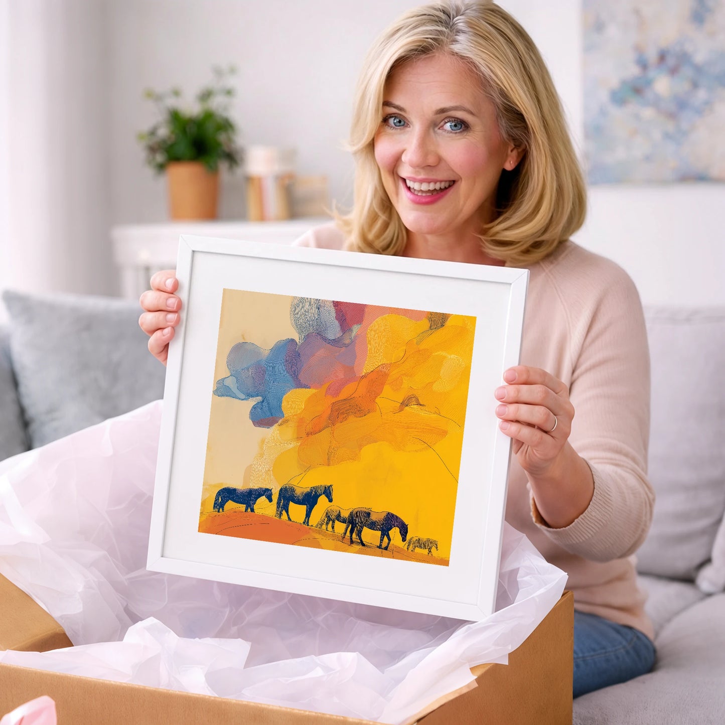 Golden Horizon Herd - horse landscape art gift idea for horse lovers