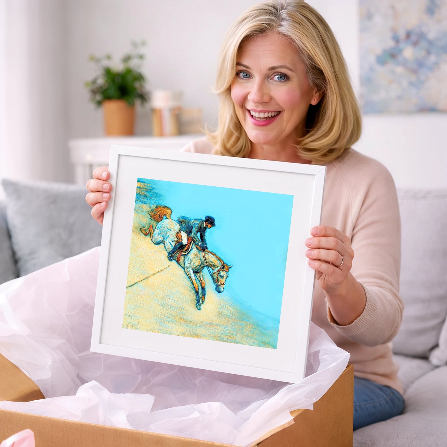 Bold Cerulean Flight - show jumping horse art gift idea for horse lovers