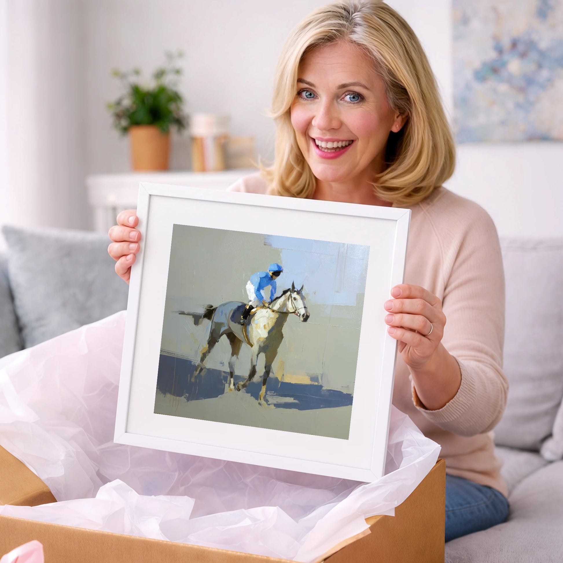Blue Silks and Shadows - racing horse art gift idea for horse lovers