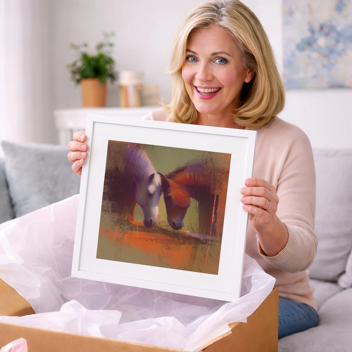 Sunlit Grazing Companions - horse portrait art gift idea for horse lovers