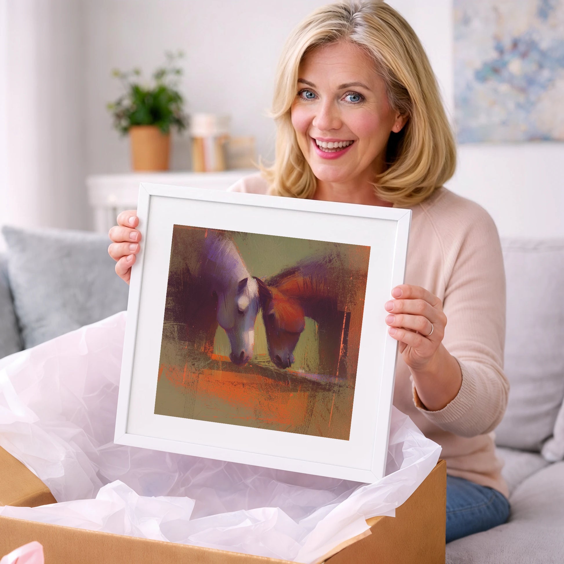 Sunlit Grazing Companions - horse portrait art gift idea for horse lovers