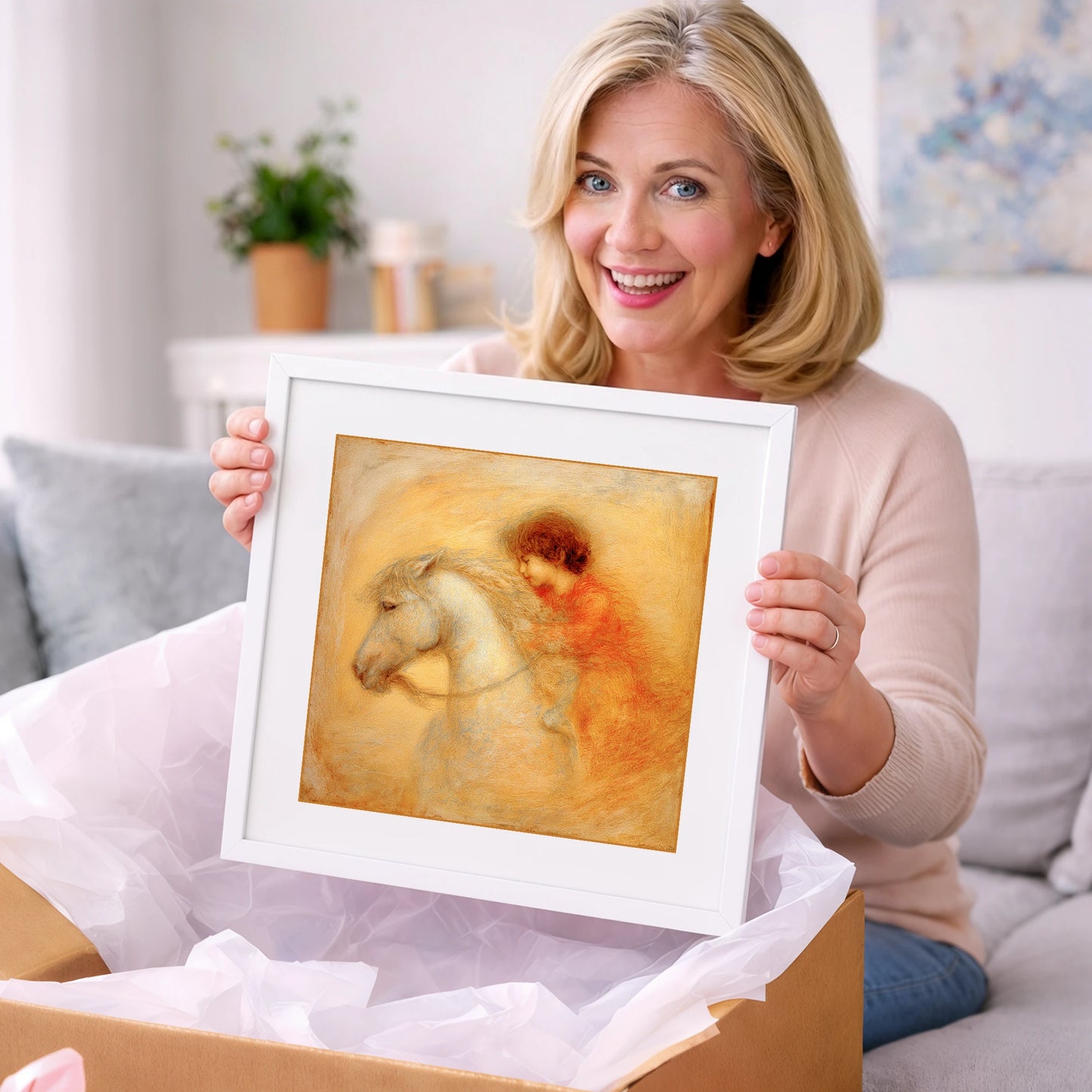 Golden Embrace - horse & rider art gift idea for horse lovers