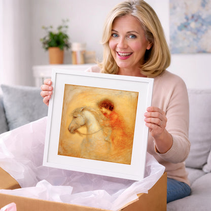Golden Embrace - horse & rider art gift idea for horse lovers